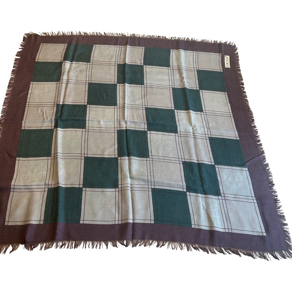 Escada Green , Burgundy and Cream Checkered Silk Blend Scarf